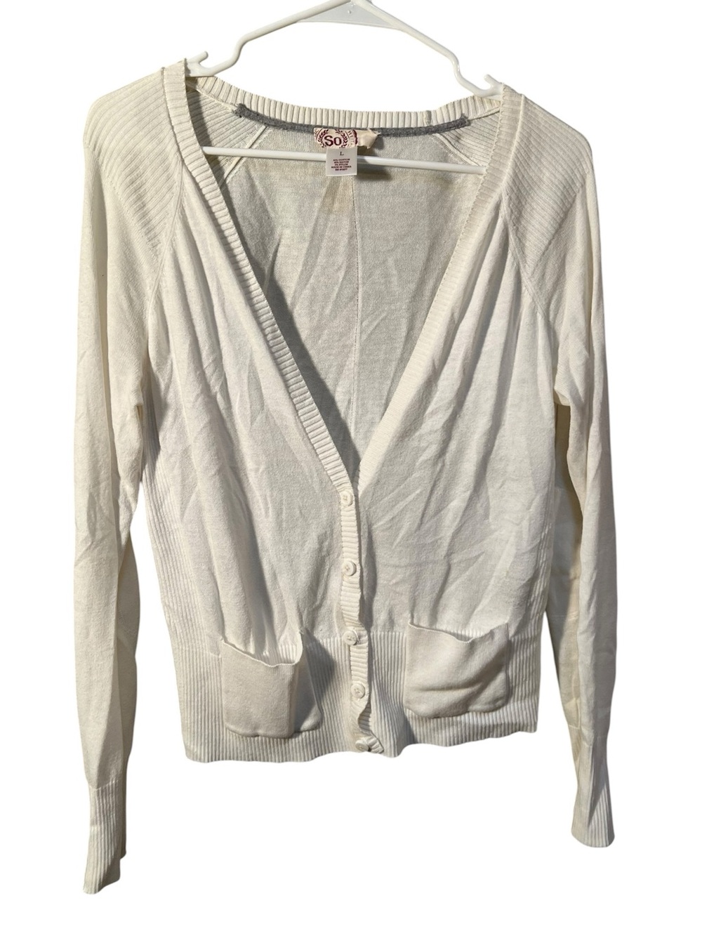 SO Women’s Size Large Cardigan Sweater Button Front V-Neck Cream White Pockets